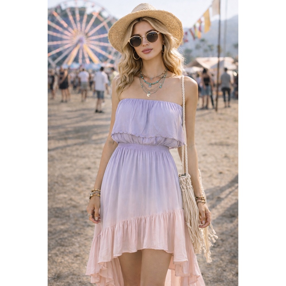 Salt + Grace Ombre Strapless High Low Dress Purple‎ Pink Studded Boho One Size